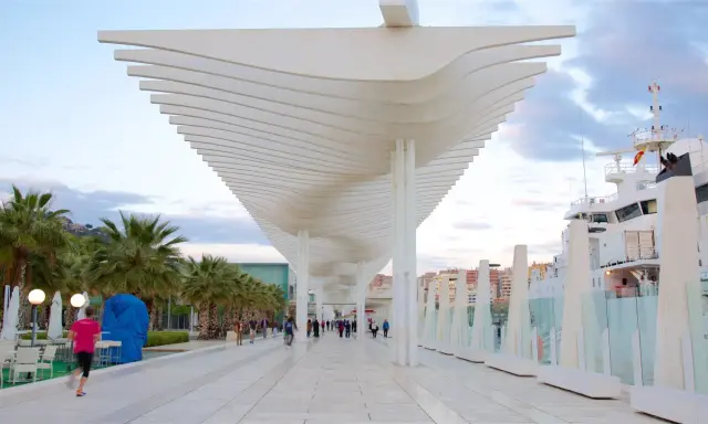 Passeggiata moderna al malaga porto, con palme, una nave bianca e un cielo nuvoloso.