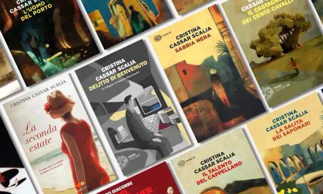 Copertine di libri di Cristina Cassar Scalia, tra cui "La seconda estate" e "Delitto di benvenuto", disposte in ordine cronologico.