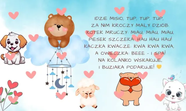 Ilustracja z uroczymi zwierzątkami: pieskiem, misiem, kotkiem, owieczką i kaczką, otoczonymi serduszkami.