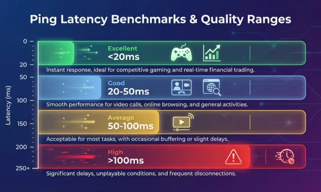Ping-Latenz-Benchmarks: exzellent (<20ms) für Gaming, gut (20-50ms) für Videoanrufe, durchschnittlich (50-100ms) für normale Nutzung, hoch (>100ms) mit Internet-Latenz-Problemen.