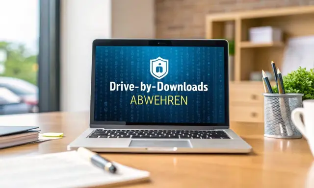 Ein Laptop zeigt "Drive-by-Downloads ABWEHREN". Das ist eine Methode, um schädliche Software unbemerkt zu installieren.