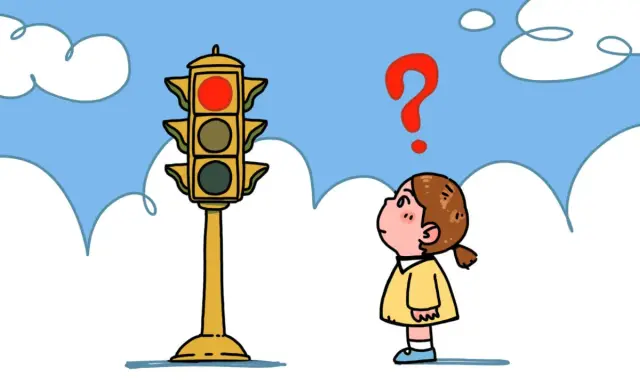 Niña mira semáforo en rojo, con signo de interrogación. Enseña respeto niños y seguridad vial.
