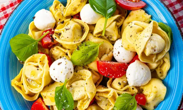 Ein bunter Tortellini Salat mit Mozzarella-Kugeln, Tomatenstücken und frischem Basilikum, serviert auf einem blauen Teller.