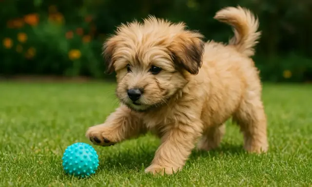 Un adorable chiot berger catalan joue avec une balle bleue sur l'herbe verte.