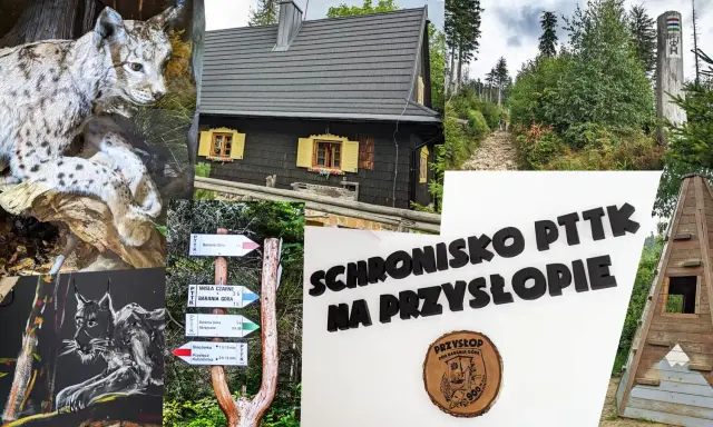 Schronisko PTTK na Przysłopie pod Baranią Górą. Widok na chatę, szlaki turystyczne i rysunki rysi.