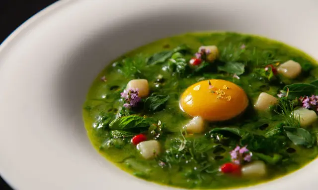 Un uovo dorato in una crema verde brillante, con cubetti bianchi e fiori viola. Un'idea di cosa mangiare a Viterbo, un piatto raffinato.