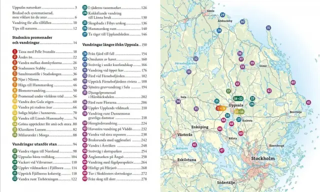 Karta över vandringsleder i Uppsala och omnejd. Här finns allt från stadsnära promenader till längre turer i vildmarken.