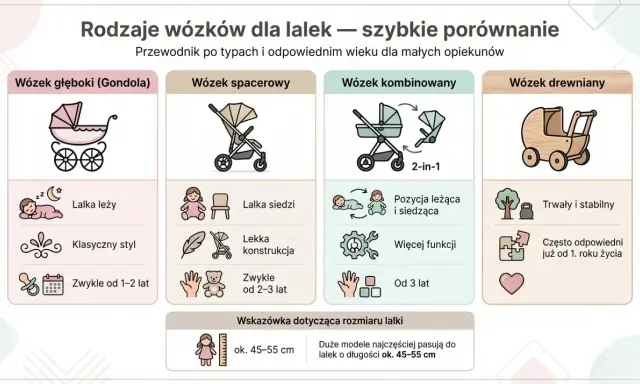 Porównanie wózków dla lalek: klasyczna gondola, spacerówka, kombi i drewniany. Wymiary gondoli i innych modeli pasują do lalek 45-55 cm.