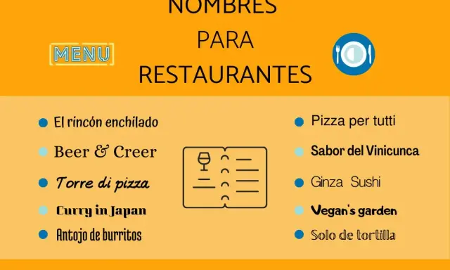 Ideas creativas de nombres para restaurantes: "El rincón enchilado", "Torre di pizza", "Ginza Sushi", "Vegan's garden".