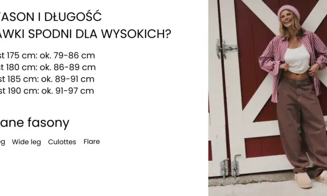 Modelka w brązowych, luźnych spodniach, które wyglądają na za długie. Wskazówki dotyczące długości nogawek dla wysokich osób.