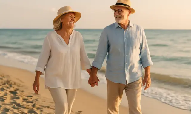 Szczęśliwa para seniorów spaceruje po plaży, trzymając się za ręce. Ich uśmiechy i stroje sugerują, że znaleźli sposób, jak być samowystarczalnym i cieszyć się życiem.