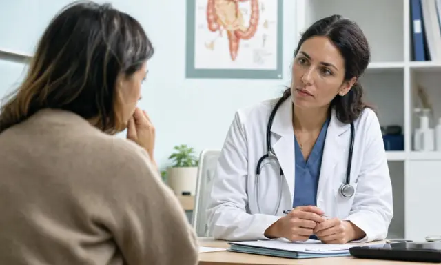 Medico ascolta paziente preoccupata, discutendo possibili resolor effetti collaterali.