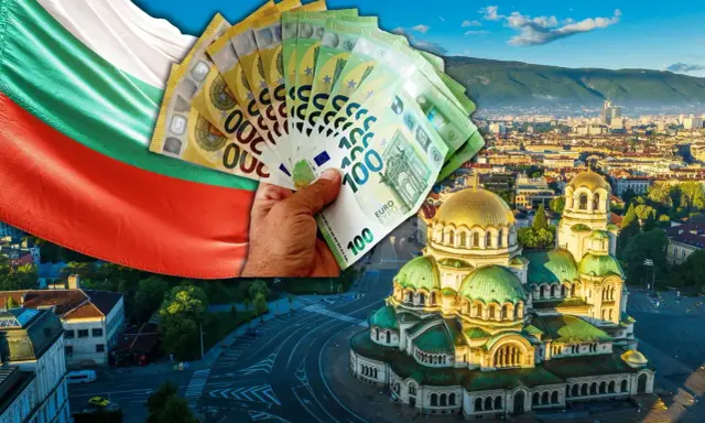 Bułgarska flaga, ręka trzymająca eurobanknoty i widok na cerkiew Aleksandra Newskiego w Sofii.