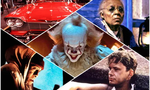 Kolaż scen z filmów na podstawie prozy Stephena Kinga: przerażający klaun Pennywise, czerwony samochód, starsza kobieta, mężczyzna w kapturze i młody chłopak.