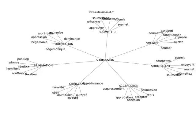 Carte mentale explorant les synonymes de "soumission" : domination, humiliation, obéissance, acceptation, soumise, assujetti.