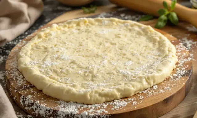 Pâte à pizza prête à être garnie, issue d'une recette de pâte à pizza levure boulanger. La farine est saupoudrée sur la planche en bois.