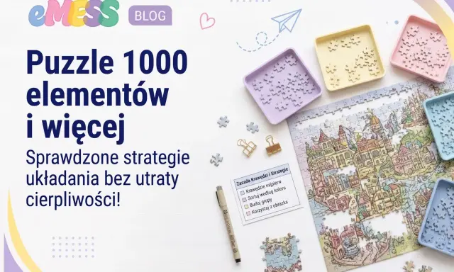 Strategie układania puzzli 1000 elementów i więcej. Kolorowe tacki z elementami, częściowo ułożony obrazek miasta.