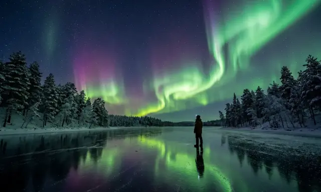 En person står på en isbelagd sjö i svenska Lappland och ser norrskenet dansa över himlen.