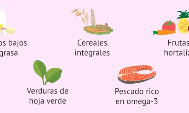Alimentos clave para una dieta postparto y lactancia: lácteos bajos en grasa, cereales integrales, frutas, hortalizas, verduras de hoja verde y pescado rico en omega-3.