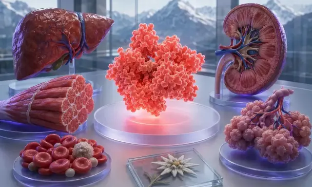 Modelli anatomici di fegato, rene, polmoni, muscoli e globuli rossi, con una molecola centrale che simboleggia l'LDH. Un'immagine che evoca l'idea di ldh alto stress.