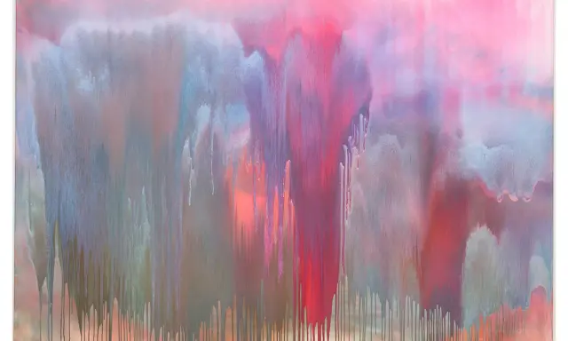 Abstrakte Tropfen in Rosa- und Blautönen, die an einen Wasserfall erinnern. Ein Werk moderner Maler, das Emotionen und Bewegung einfängt.