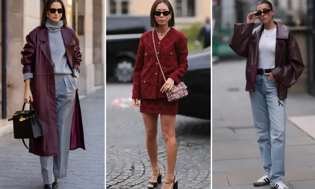 Tre look eleganti con il color vinaccia: trench in pelle, tailleur e giacca biker. Abbinamenti vestiti che esaltano la tonalità profonda.