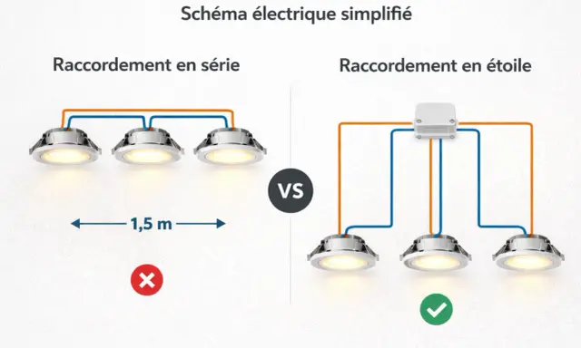 Schéma cablage spot plafond : raccordement en série vs en étoile. Le schéma en étoile est le plus recommandé.