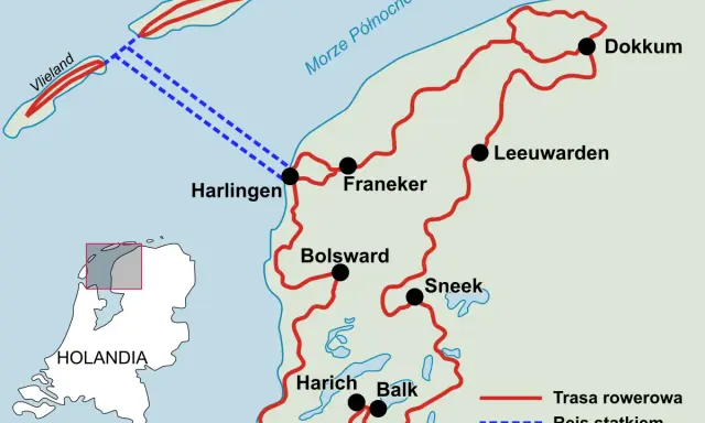 Mapa tras rowerowych i rejsów statkiem po wyspach fryzyjskich w Holandii, w tym Vlieland i Terschelling.