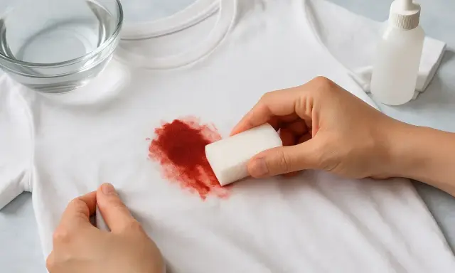 Manos aplicando un producto con una esponja para quitar manchas de sangre secas de una camiseta blanca.