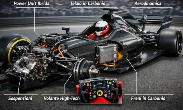 Dettagli di una macchina monoposto: telaio in carbonio, power unit ibrida, aerodinamica, sospensioni, freni in carbonio e volante high-tech.