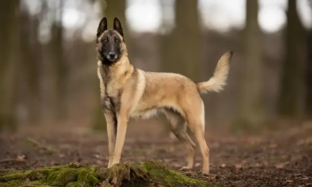 Un Malinois, chien au port altier, se tient dans une forêt. Est-ce que le Malinois est dangereux ? Non, s'il est bien éduqué, c'est un compagnon loyal.