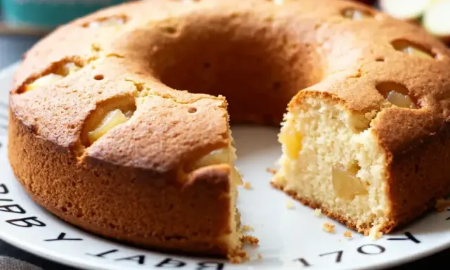 Gâteau rond aux pommes, idéal pour bébé, sans sucre ajouté. Une tranche est coupée, révélant la texture moelleuse et les morceaux de pomme.