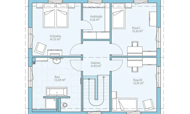 Grundriss mit Schlafzimmer, Bad, Ankleide und zwei Kinderzimmern. Der begehbare Kleiderschrank ist Teil des Schlafbereichs.