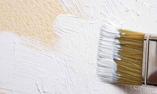 Un pinceau applique de la peinture blanche sur un mur texturé, comme une pierre de chaux.
