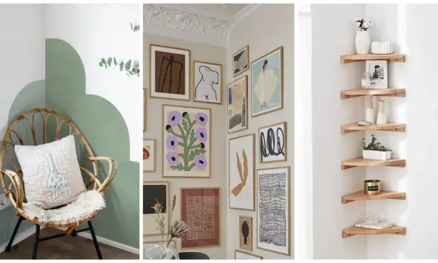 Idées pour habiller un angle de mur intérieur : fauteuil en rotin, galerie d'art murale, étagères d'angle en bois.