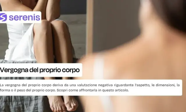 Persona seduta, che si guarda allo specchio, con un'espressione di disagio. Il testo parla di vergognarsi del proprio corpo.