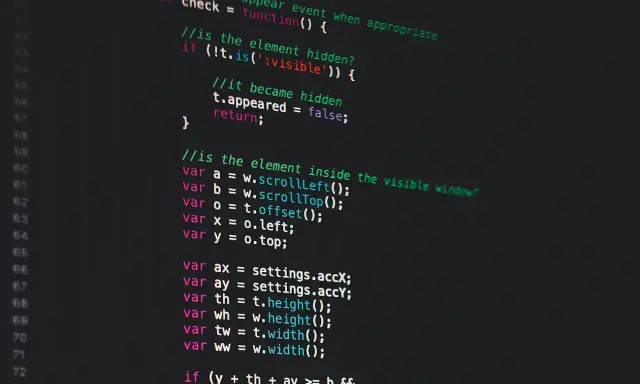 Fragment kodu JavaScript, który implementuje algorytmy programowanie, sprawdzając widoczność elementów na stronie.
