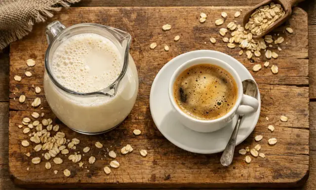 Kaffee mit Hafermilch: eine köstliche Kombination. Die Kalorien sind gering, perfekt für einen gesunden Start in den Tag.
