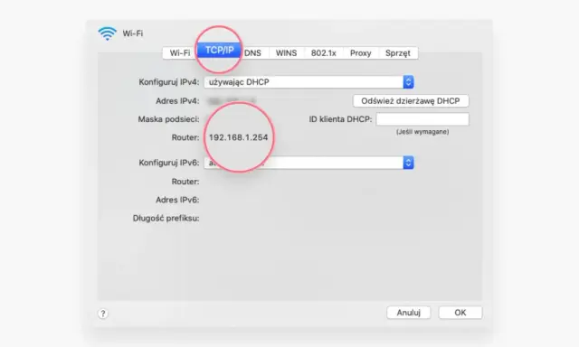 Ustawienia sieciowe TCP/IP. Widoczny adres ip routera: 192.168.1.254.