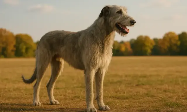 Un majestueux chien irlandais grand, au pelage gris, se tient dans un champ doré sous un ciel bleu.