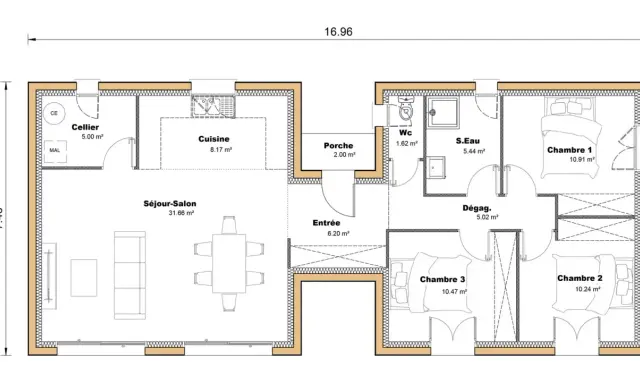 Plan de maison avec séjour, cuisine, 3 chambres, cellier, S.Eau, WC. Idéal pour construire sa maison com plan.