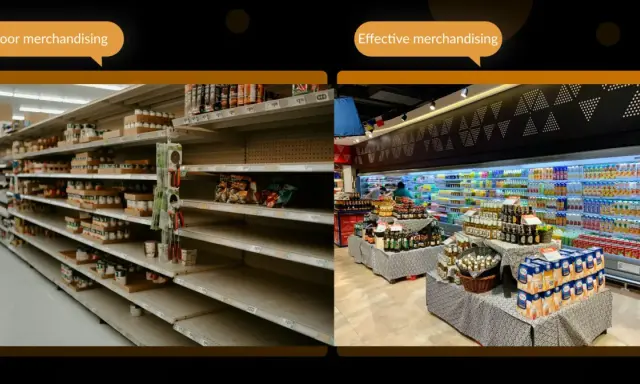 Dwa sklepy: jeden z pustymi półkami (słaby merchandising), drugi z pełnymi, atrakcyjnie ułożonymi produktami (efektywny merchandising).