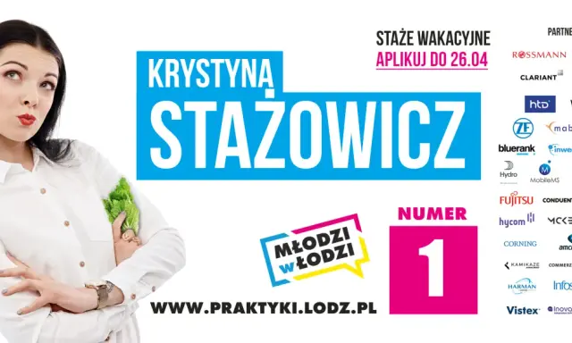 Kobieta z sałatą zastanawia się, co to staż. Reklama "Młodzi w Łodzi" z partnerami.
