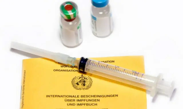 Internationellt vaccinationsintyg, spruta och ampuller. Förberedelser för vaccination i Argentina.