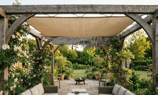 Pente pergola en bois avec roses grimpantes et glycines, offrant un coin salon extérieur paisible.