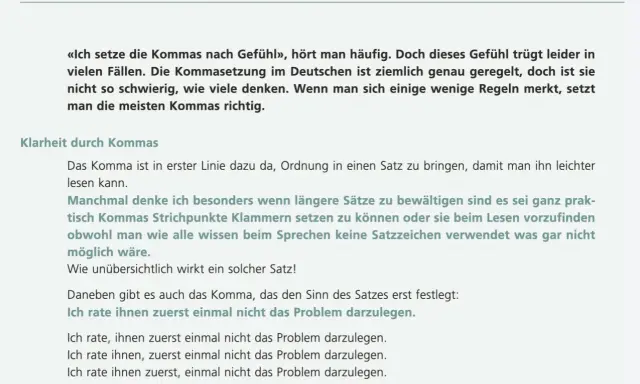 Text über Kommasetzung. Ein Satz erklärt, dass Kommas Ordnung schaffen, besser als nur Gefühl. Mehrere Beispiele zeigen, wie Kommas den Sinn verändern.