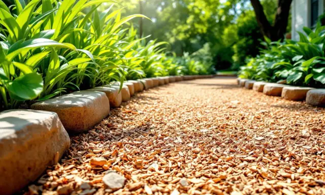 Une allée en copeaux de bois serpente entre des plantes luxuriantes et des pierres, baignée par la lumière du soleil.