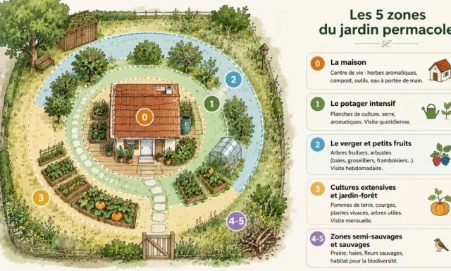 Illustration d'un jardin en design permaculture, montrant la maison (0), le potager (1), le verger (2), les cultures extensives (3) et les zones sauvages (4-5).