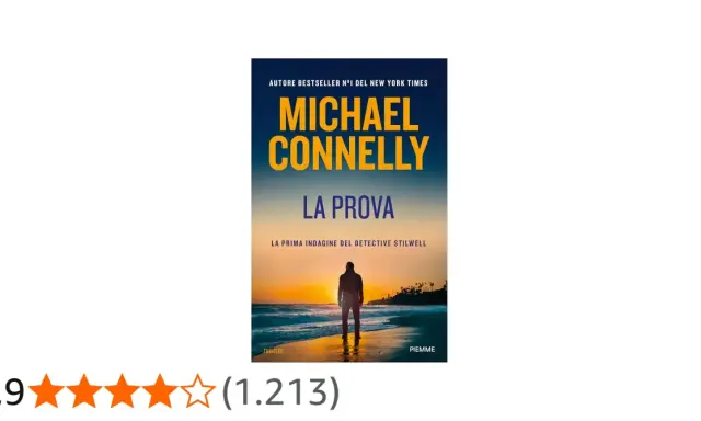 Copertina de "La Prova", ultimo libro di Michael Connelly, con un uomo solitario sulla spiaggia al tramonto.