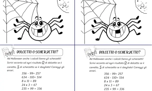 Problemi di Halloween classe quinta: un ragno sorridente invita a correggere calcoli, scegliendo tra "dolcetto" (corretto) e "scherzetto" (sbagliato).